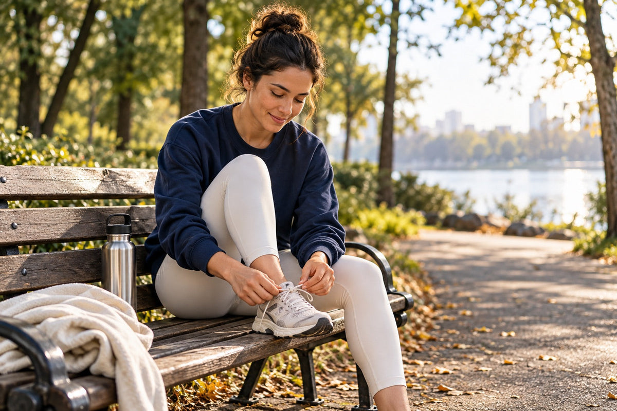 A woman tying her running shoe on a park bench beside a water bottle.