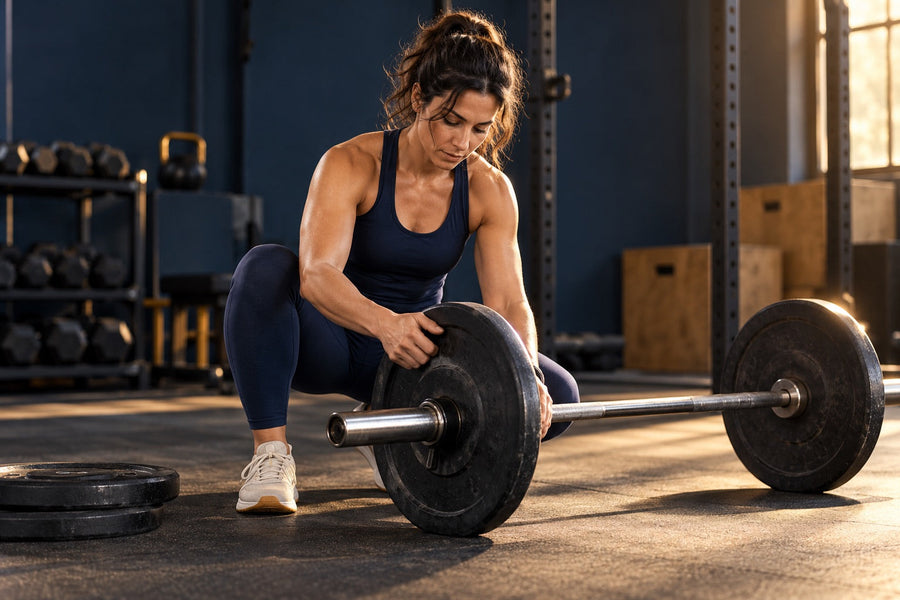 Woman adjusting a barbell weight plate between resistance-training sets.