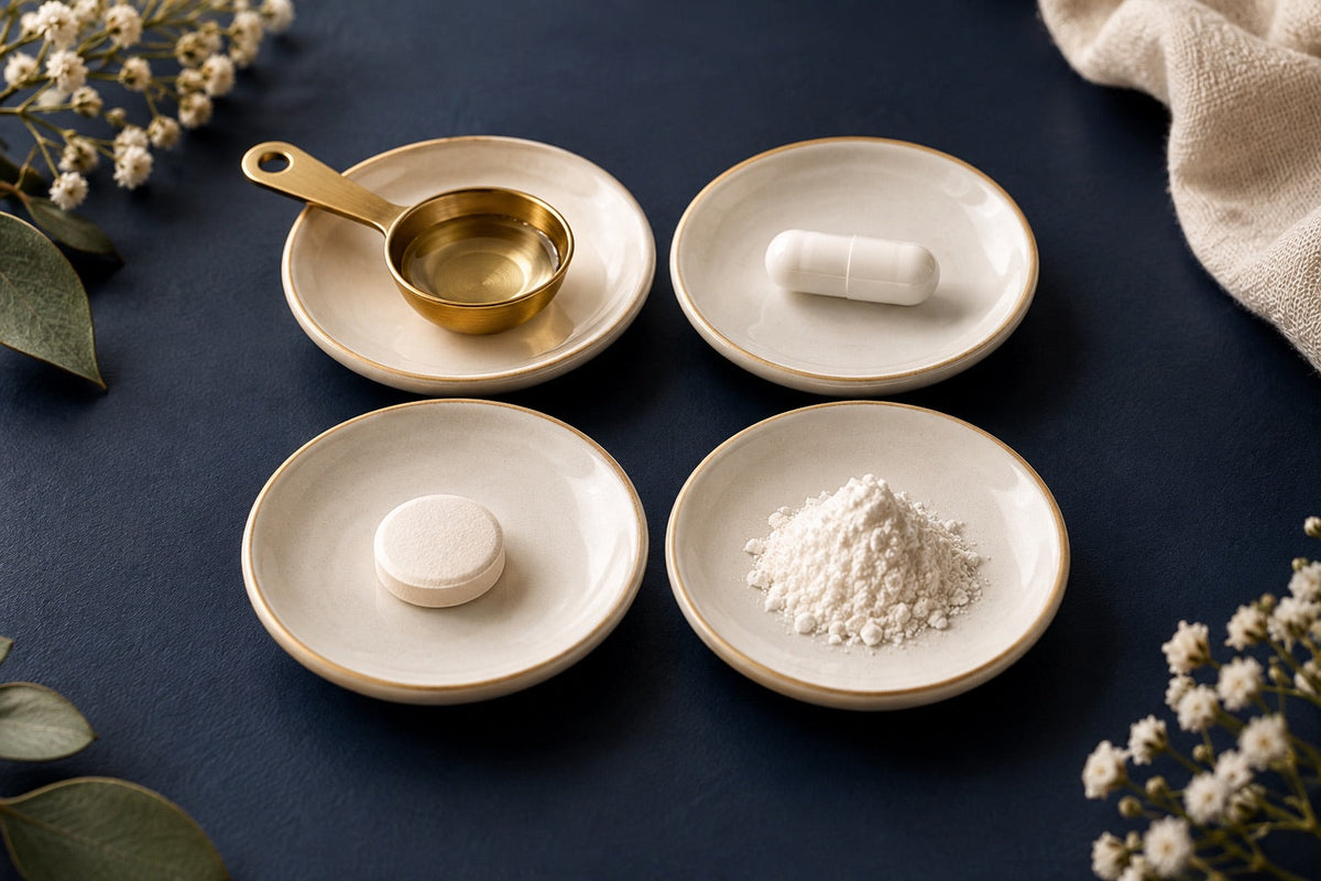 Liquid in a spoon, a capsule, a tablet and a powder mound arranged on four saucers.