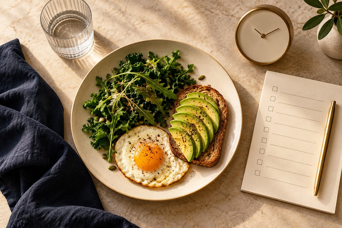 A meal, blank daily checklist and small clock illustrate building a repeatable vitamin D3 and K2 routine.