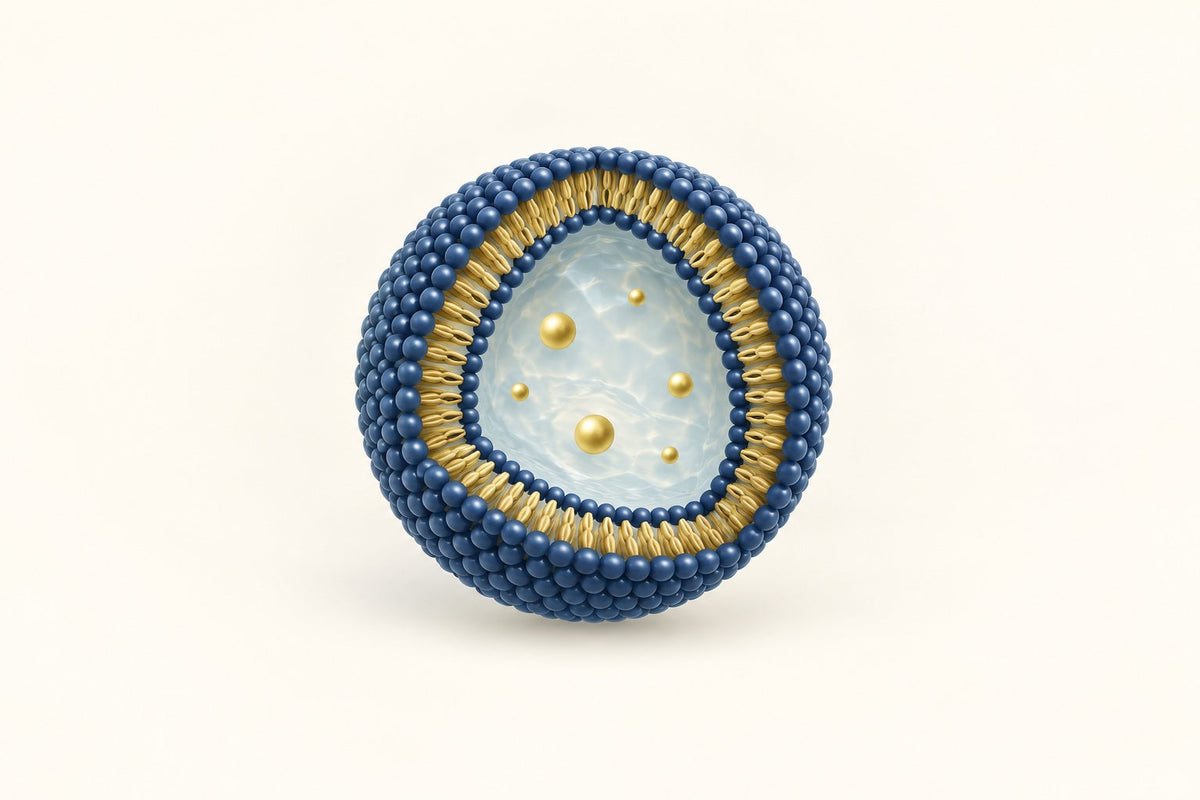 Schematic liposome cutaway showing two phospholipid head layers, tails within the membrane, and illustrative particles in a water-filled core.