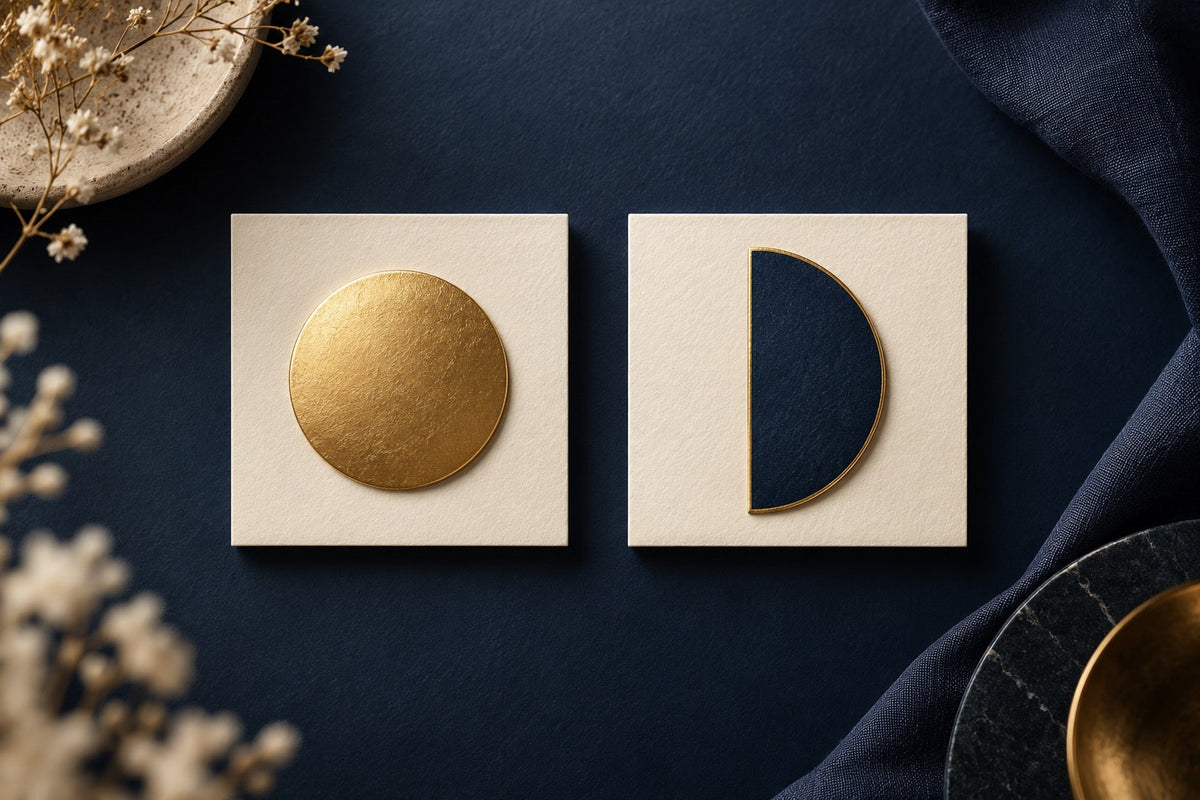Two separate cream cards with gold and navy motifs illustrate distinct D3 and K2 nutrient roles.