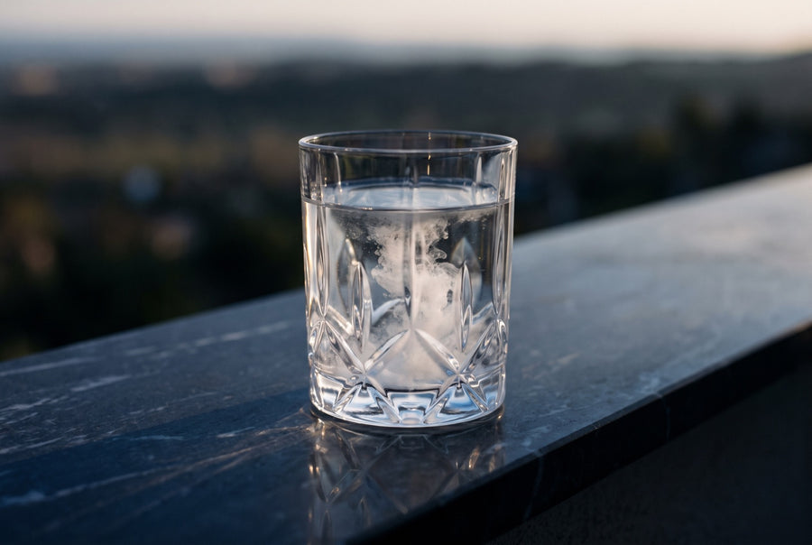 A cut-crystal tumbler of water with white powder dissolving, on a navy marble ledge at dusk