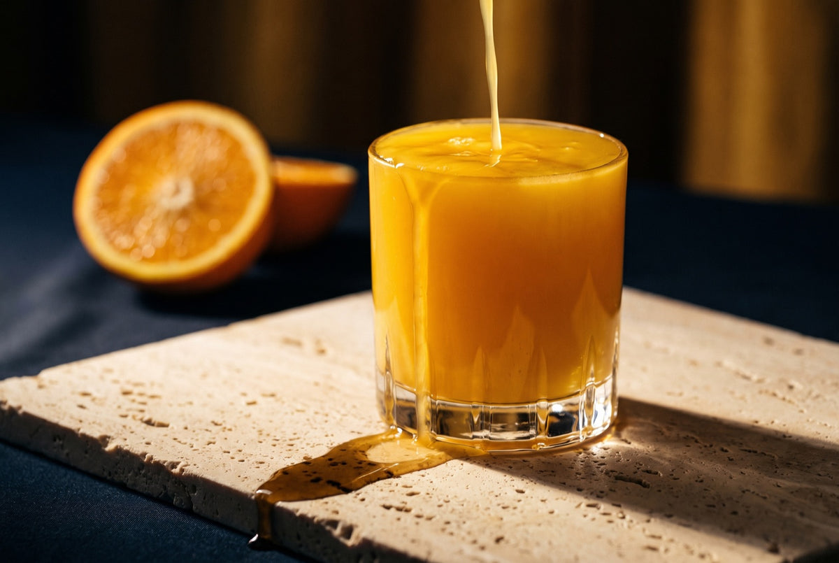 Orange juice overflowing a glass onto a travertine slab beside a halved orange