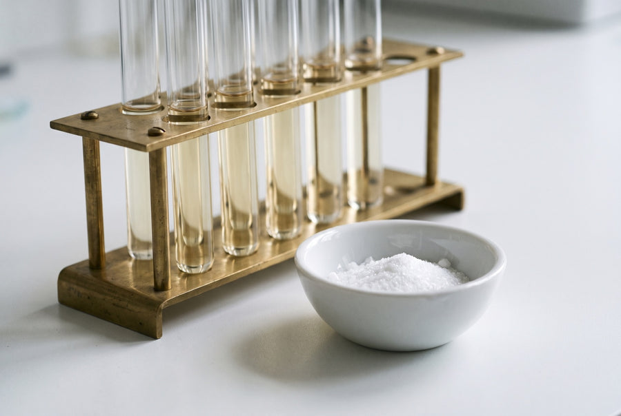 Test tubes of pale straw-coloured liquid in a brass rack beside a dish of white crystalline powder