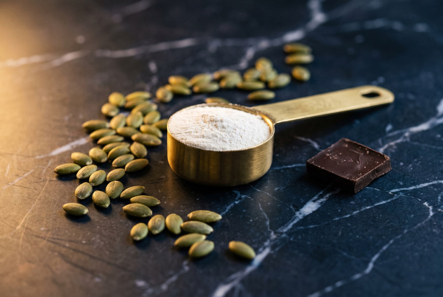 A brass measuring cup of white powder with pumpkin seeds and dark chocolate on navy marble