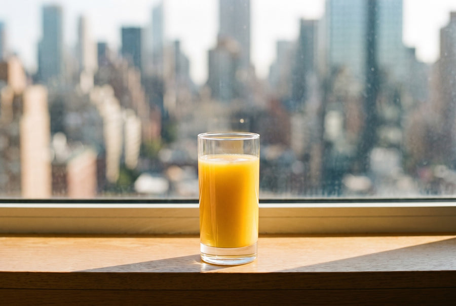 A glass of orange juice on a sunlit windowsill overlooking a city skyline