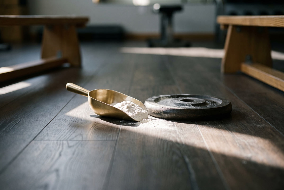 A brass scoop of white powder beside an iron weight plate on a gym floor in a shaft of sunlight
