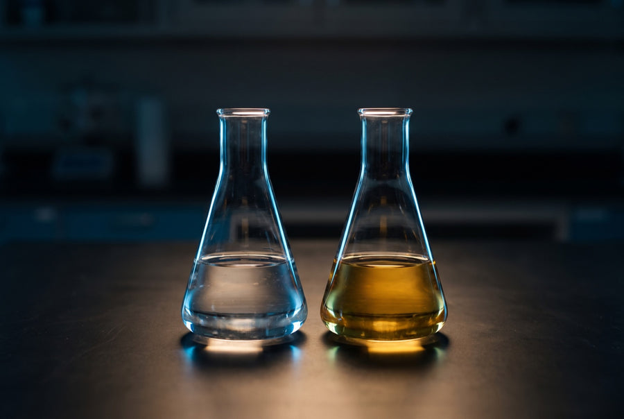 Two laboratory flasks, one of clear liquid and one of golden liquid, on a dark bench