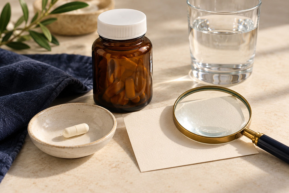 A closed supplement bottle, capsule and magnifying glass on a countertop.