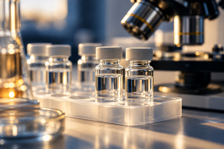 Clear laboratory sample vials with a microscope softly blurred behind them.