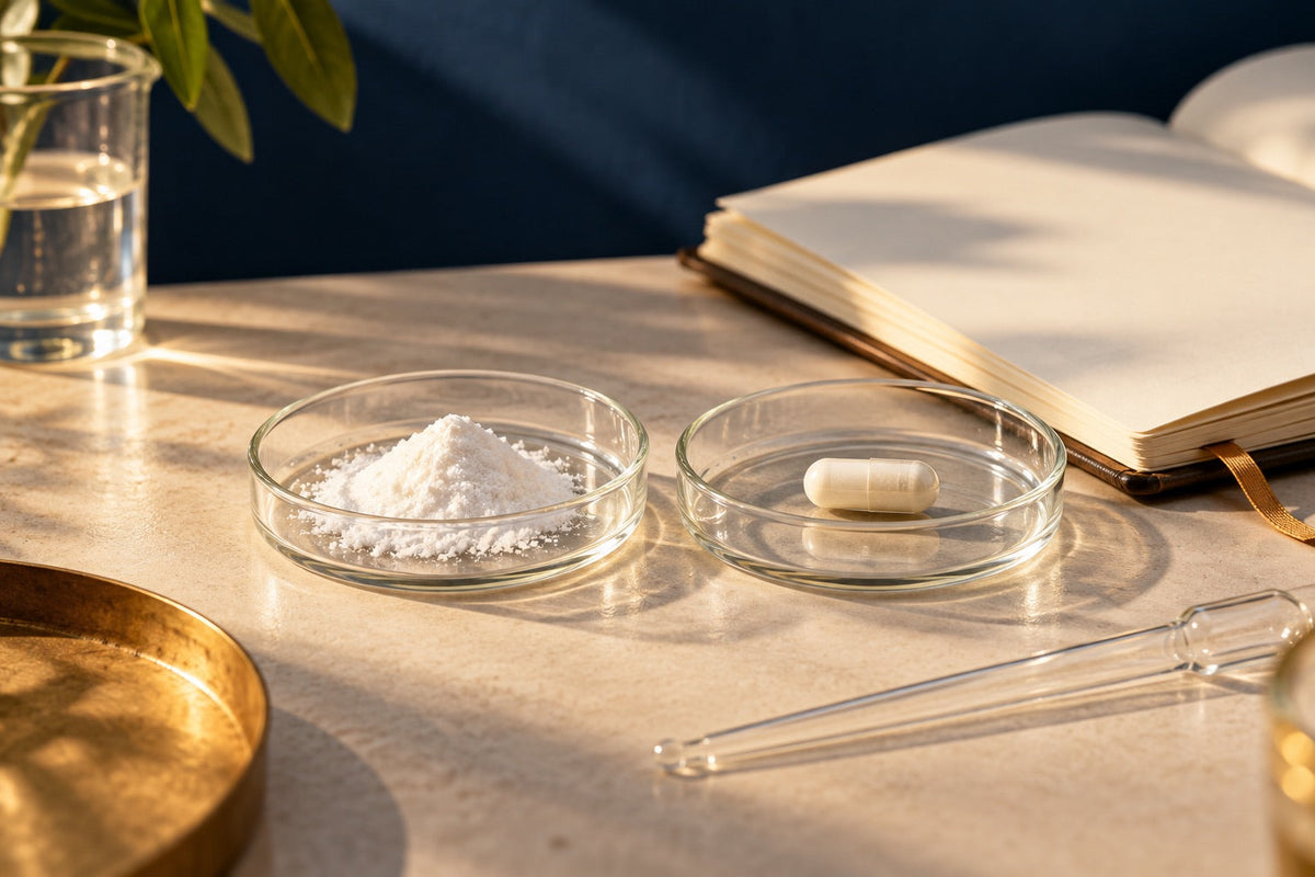 Powder and a capsule in separate glass dishes beside a notebook.