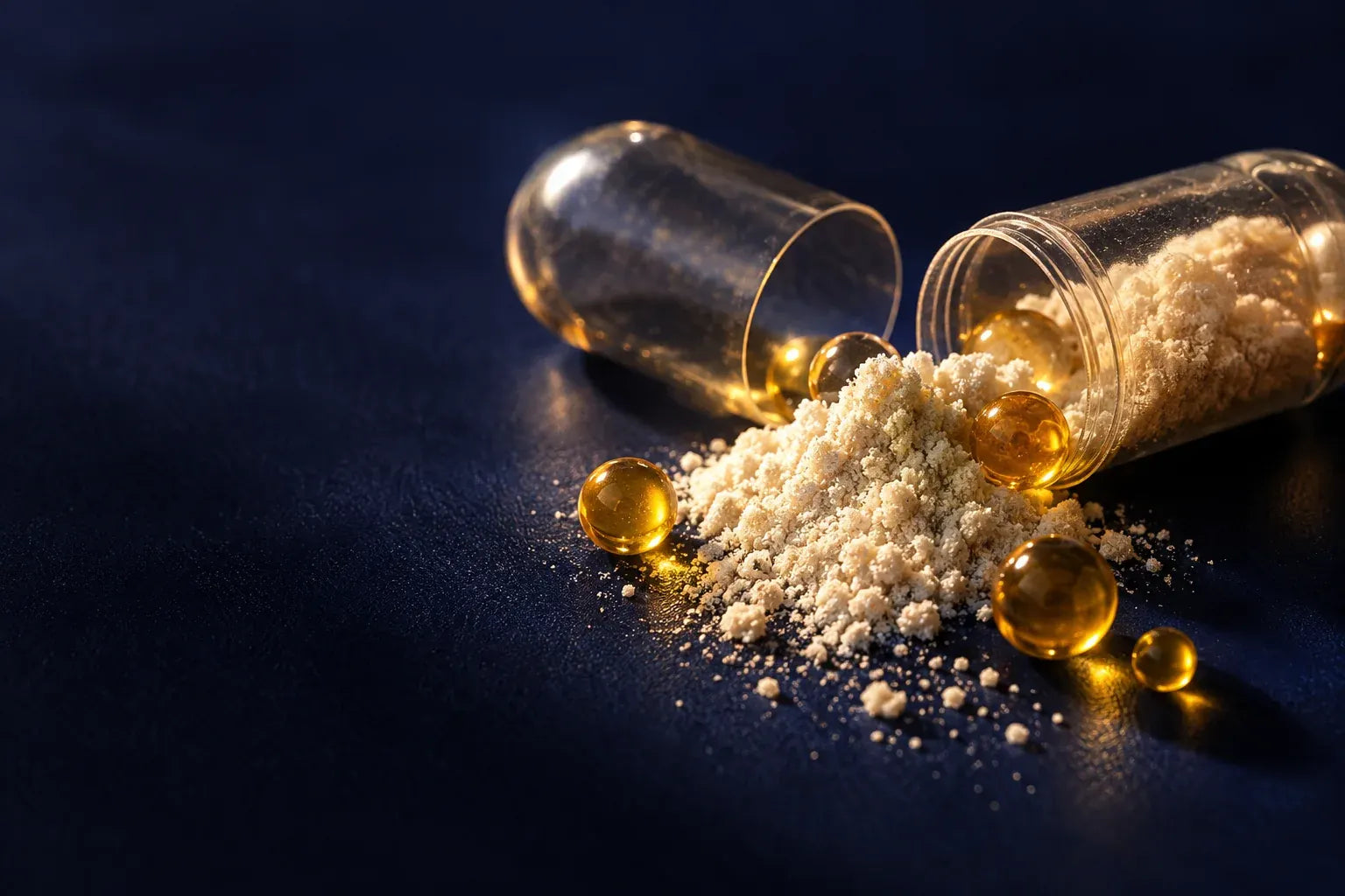 Capsules and botanical ingredients arranged on a neutral surface.