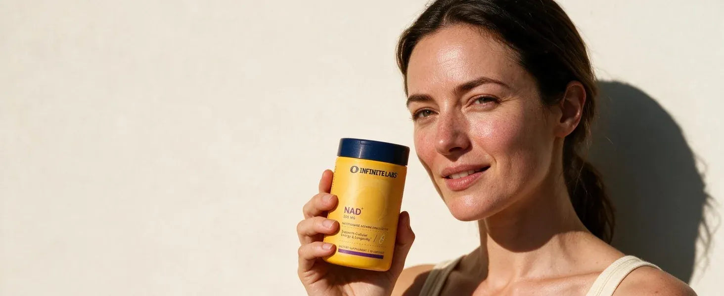 A woman holding an Infinite Labs NAD+ bottle in natural light