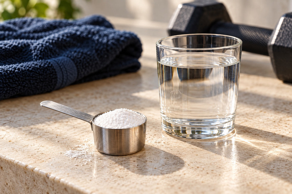 A scoop of white powder and a glass of water beside a gym towel.