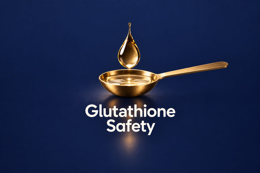 Amber liquid droplet above a gold measuring spoon with Glutathione and Safety labels.