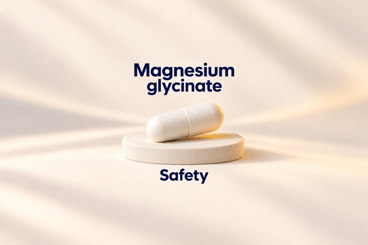 Plain oral supplement capsule on a cream pedestal with Magnesium glycinate and Safety labels.