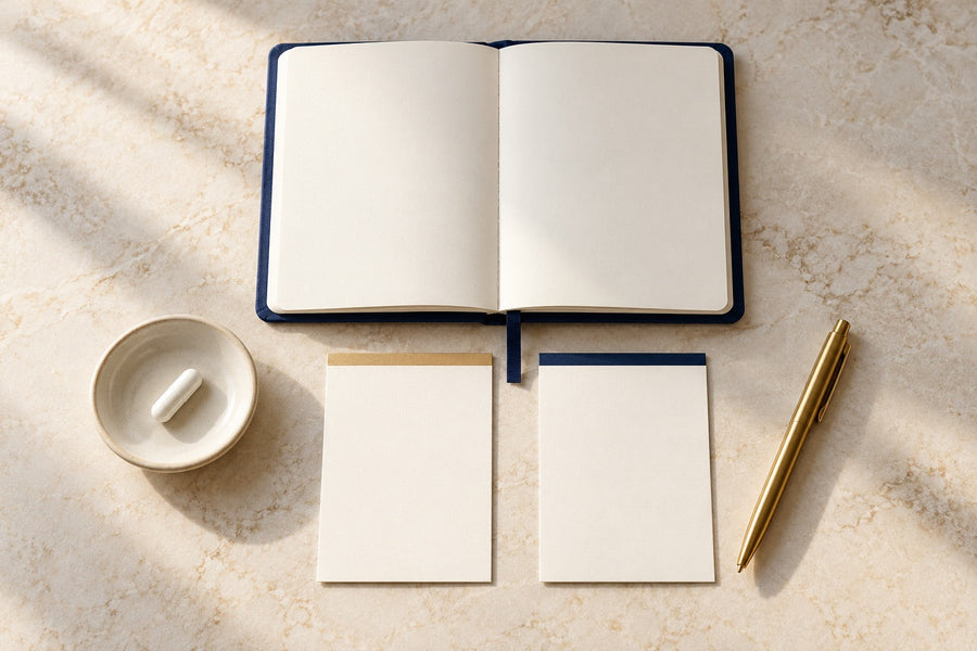 Blank comparison cards, an open notebook and a single capsule arranged for a D3 and K2 label review.