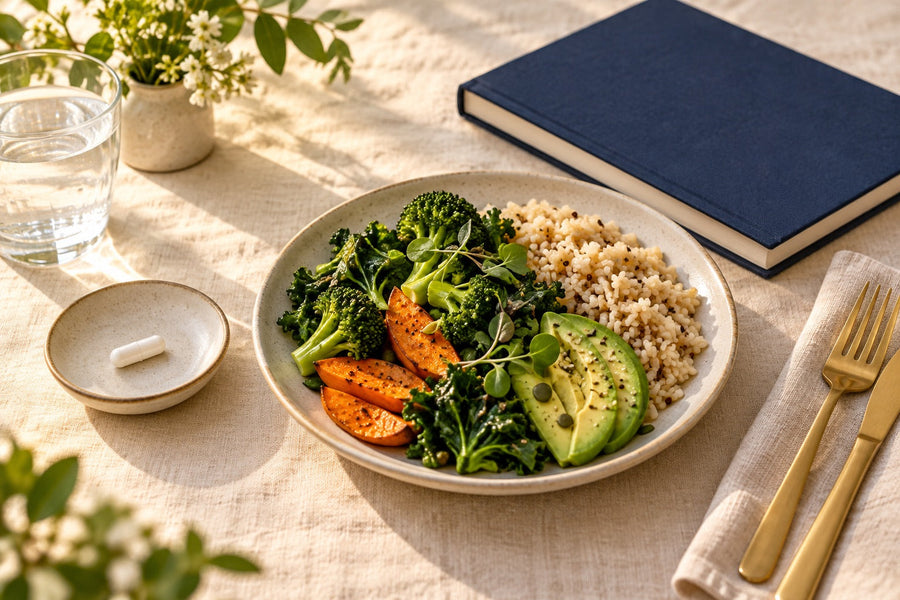 A single capsule in a saucer beside a vegetable meal and closed research notebook.