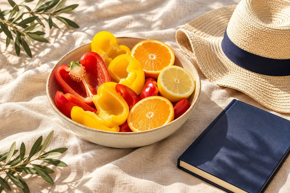 Cut peppers and citrus beside a straw sun hat and closed navy notebook.