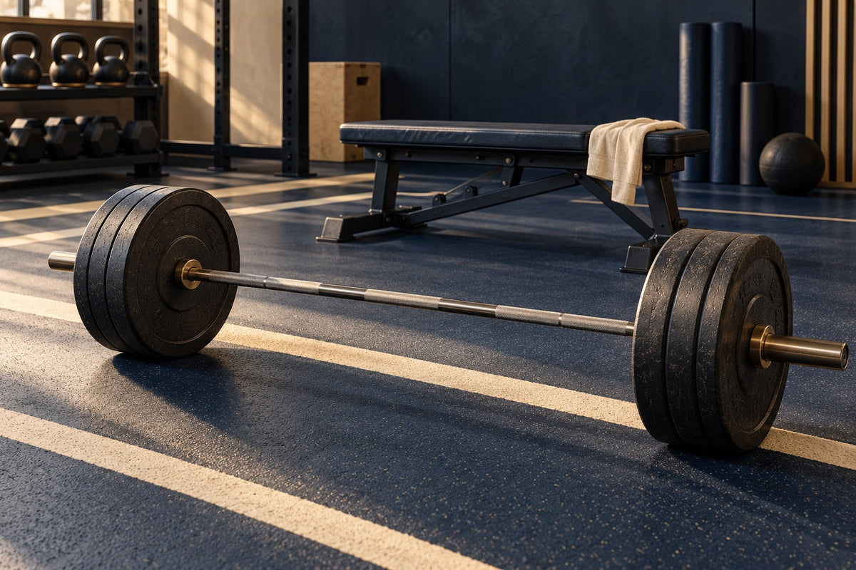 A loaded barbell, training-floor lane markings and bench illustrate repeated high-intensity exercise.