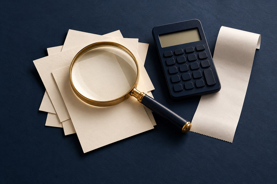A magnifying glass, blank information cards and calculator illustrate reviewing an NMN supplement purchase.