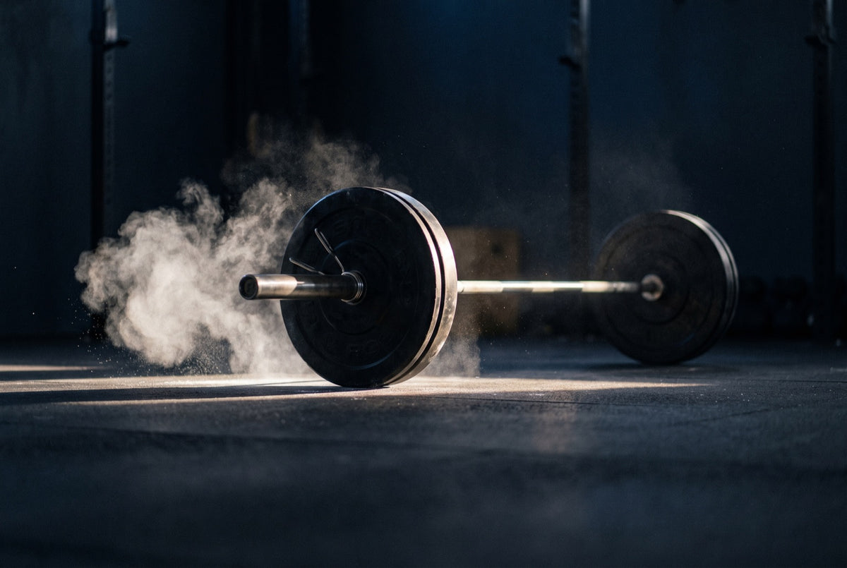 A loaded barbell on a dark gym floor with chalk dust caught in a shaft of morning light