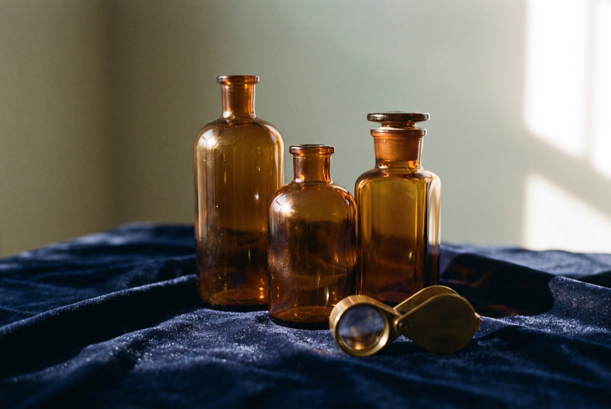 Three unlabelled amber apothecary bottles and a brass loupe on navy velvet