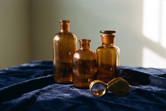 Three unlabelled amber apothecary bottles and a brass loupe on navy velvet