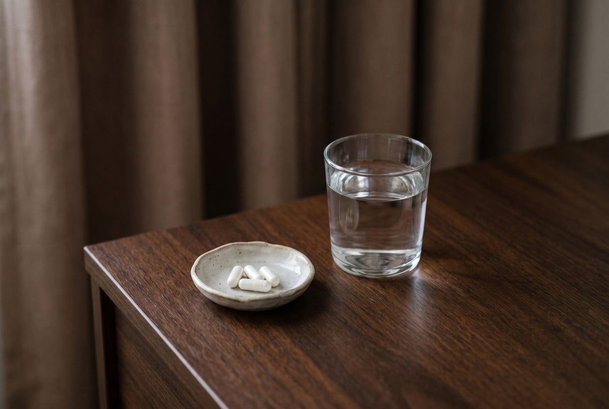 A glass of water and a small dish of white capsules on a bedside table in soft morning light