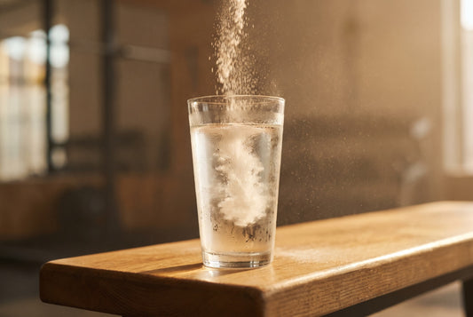 White powder pouring into a glass of water on a wooden gym bench in golden light
