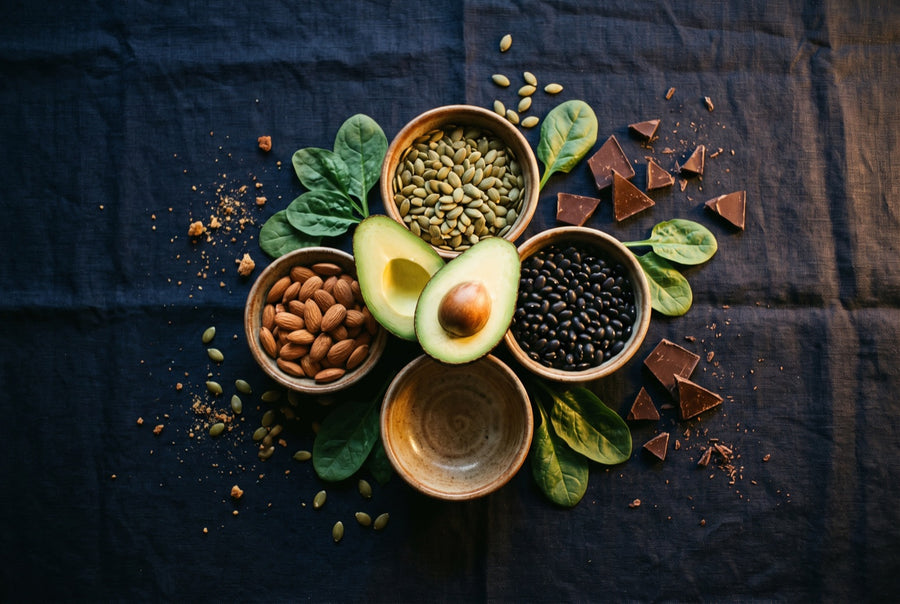 Overhead spread of pumpkin seeds, almonds, black beans, avocado, spinach and dark chocolate on navy linen