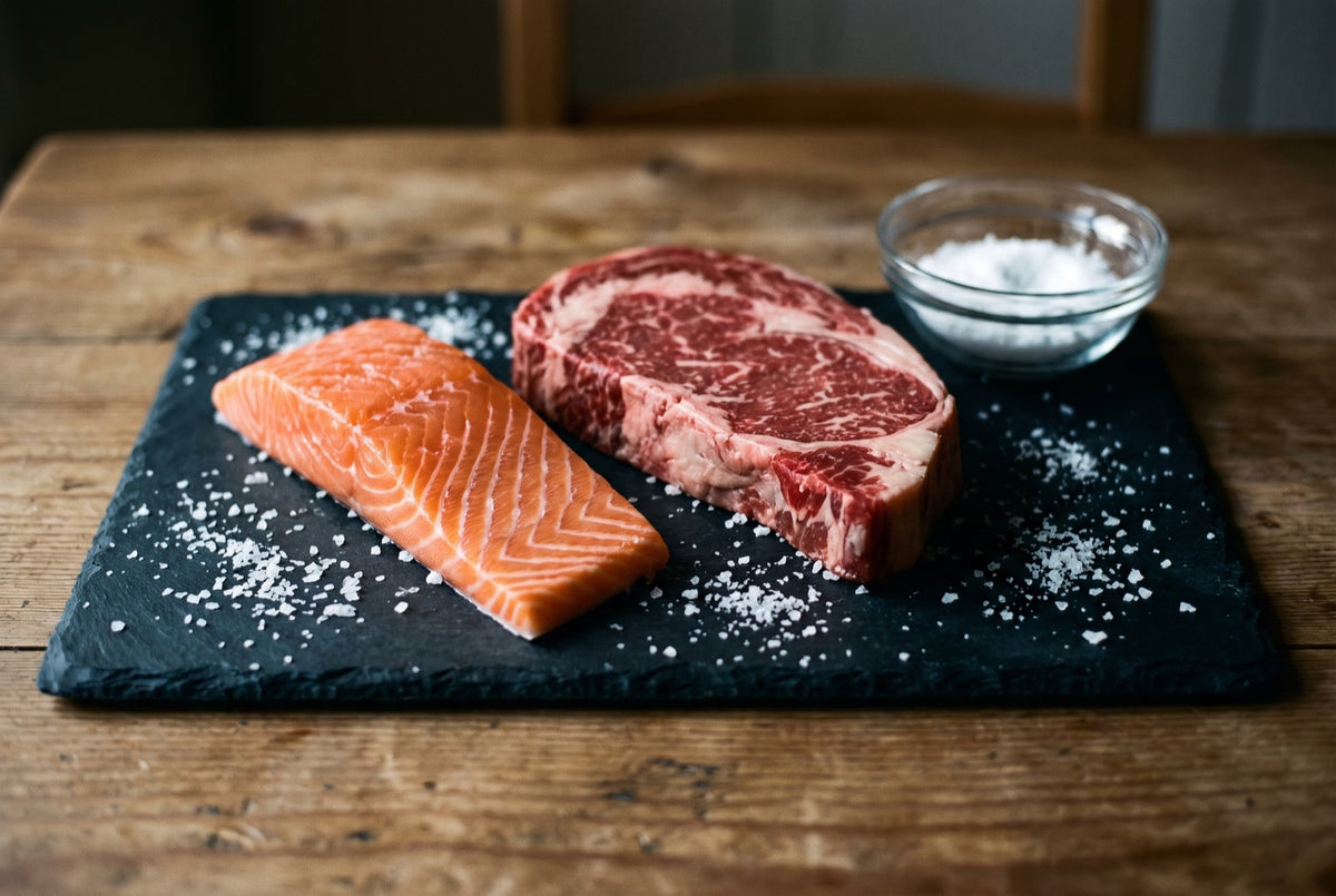 A raw salmon fillet and a ribeye steak with flaky salt on a slate board