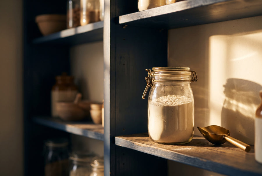 A clip-top glass jar of white powder and a brass scoop on a sunlit pantry shelf