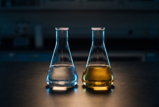 Two laboratory flasks, one of clear liquid and one of golden liquid, on a dark bench