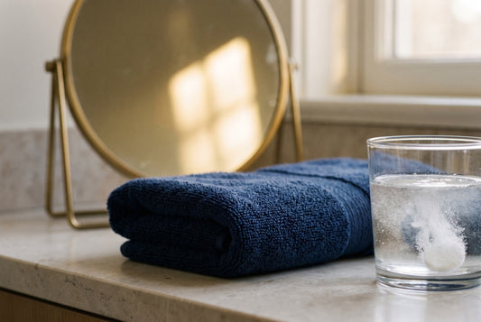 A navy towel, a brass vanity mirror and a glass of water with powder dissolving on a bathroom counter