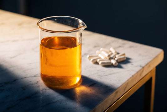 A beaker of golden liquid beside white capsules on a marble bench