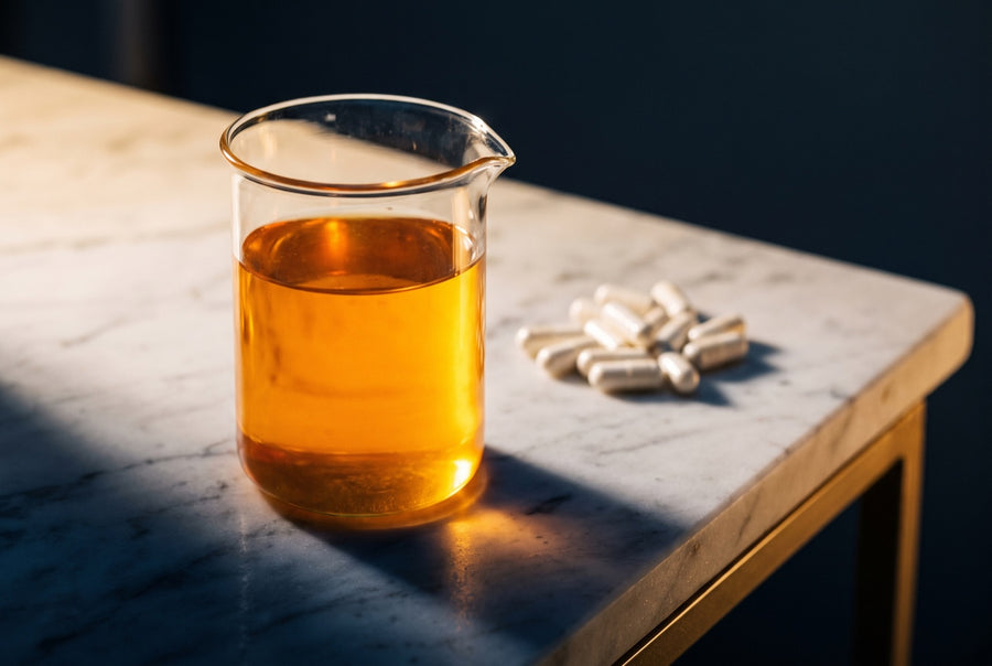 A beaker of golden liquid beside white capsules on a marble bench