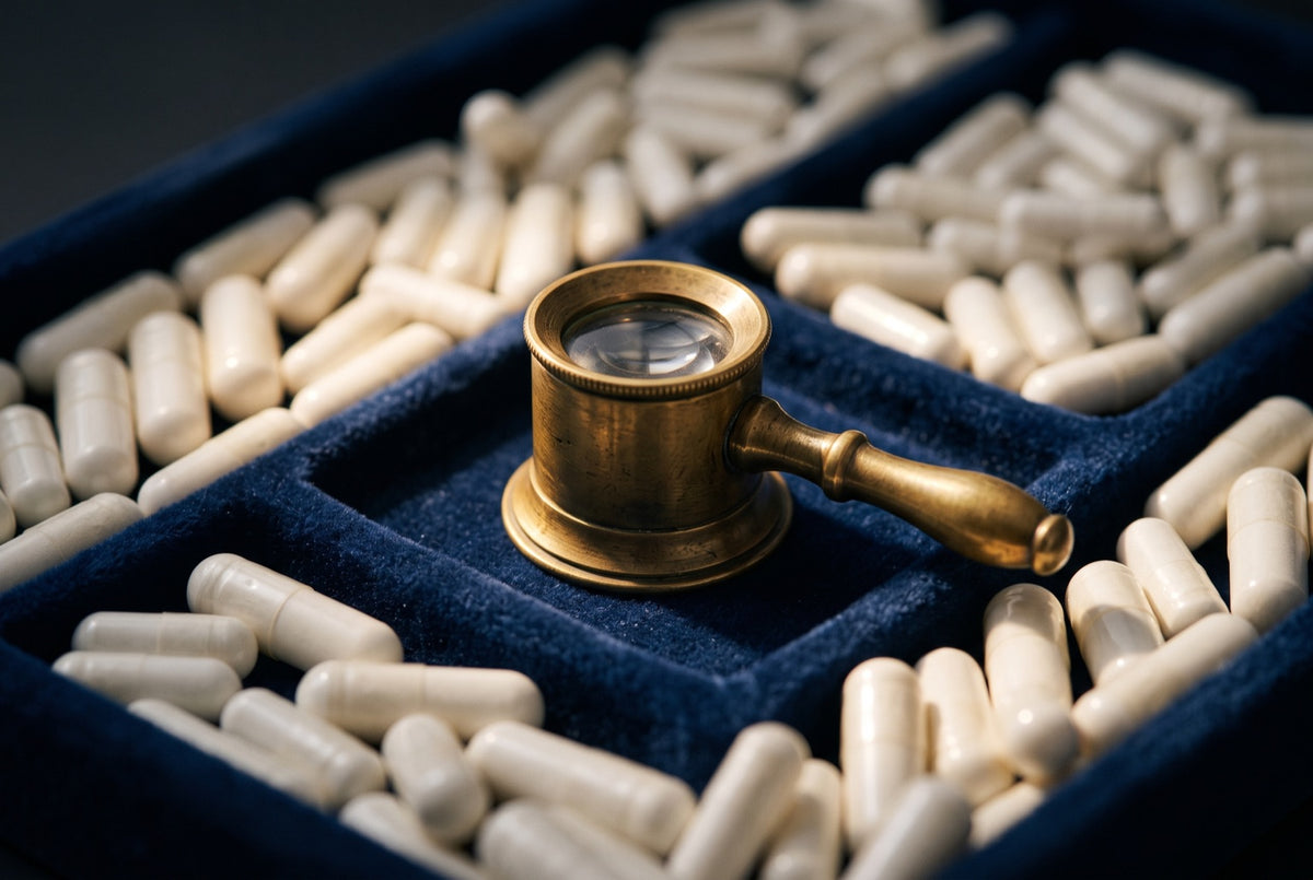 A brass loupe resting on a navy velvet tray of white capsules