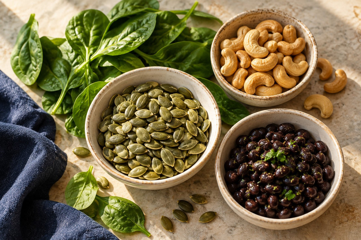 Spinach, pumpkin seeds, cashews and black beans arranged as dietary magnesium sources