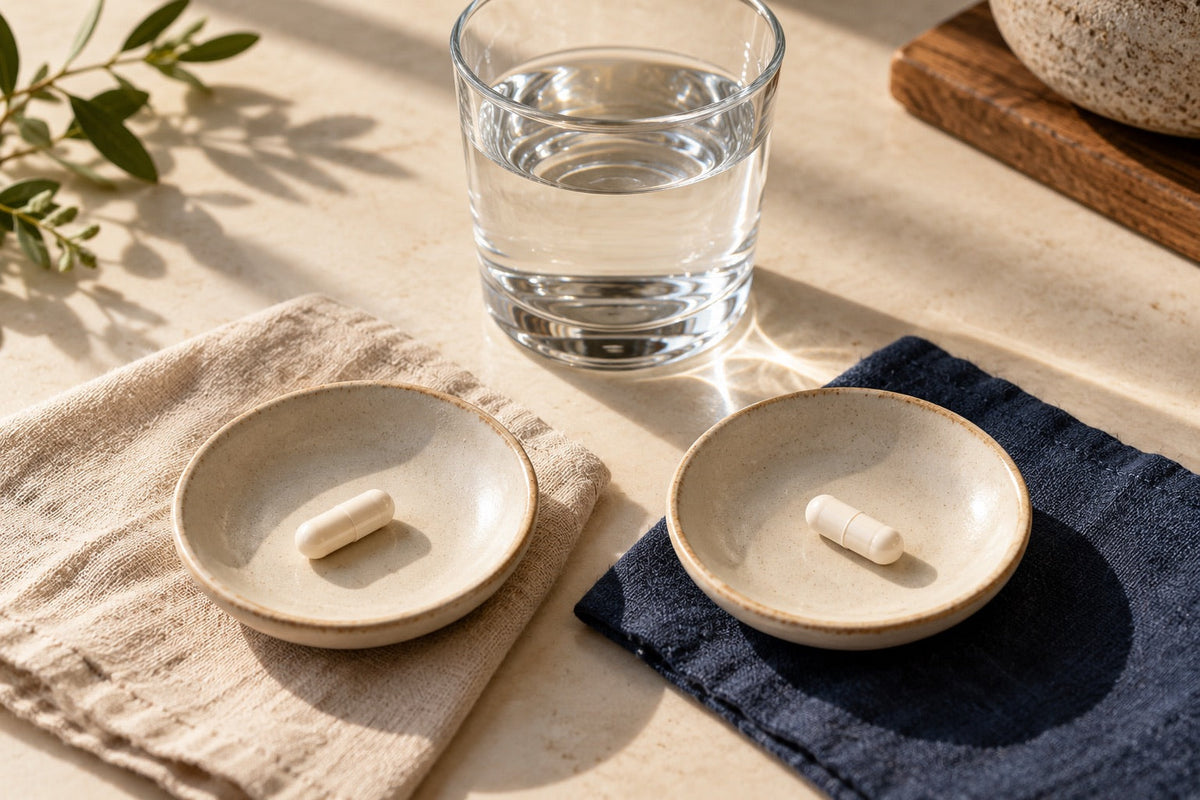 Two identical capsule dishes placed side by side with a shared glass of water.