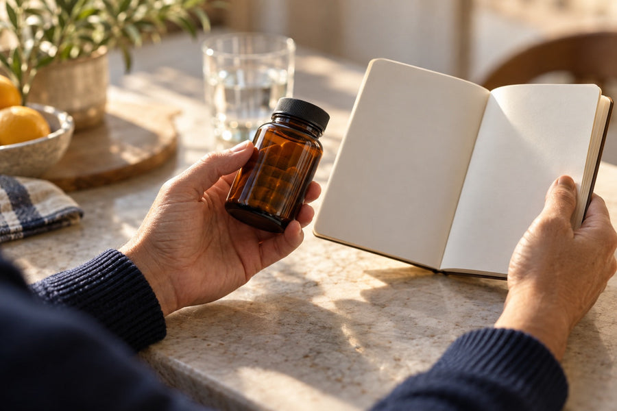 Hands checking a closed supplement bottle beside a booklet and water.