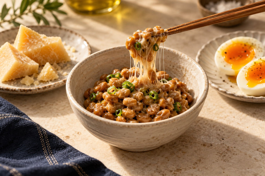 Natto in a ceramic bowl beside aged cheese and soft-boiled eggs.