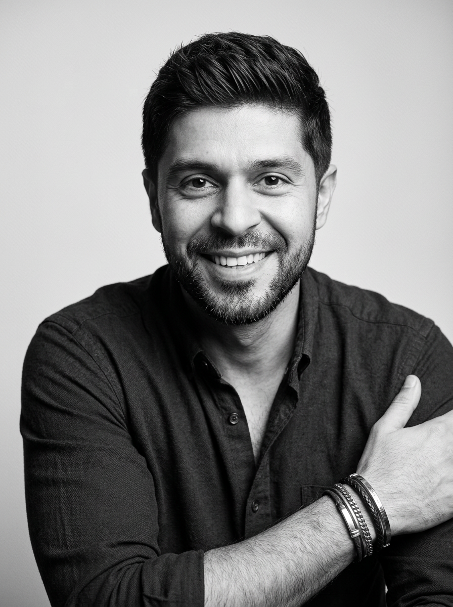 Black-and-white portrait of Arjun Sareen