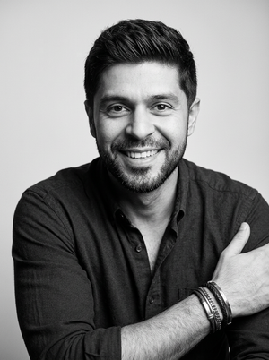 Black-and-white portrait of Arjun Sareen