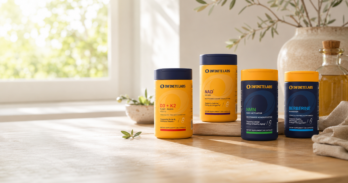 Infinite Labs NAD+, NMN, D3 + K2 and berberine in a sunlit botanical setting