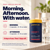 Oxidane X labeled routine: two capsules in the morning and two in the afternoon, each with 8–10 ounces of water. Five days of use followed by seven days off. Follow the full label directions and warnings; adults 18+.