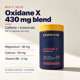 What is inside Oxidane X: per two-capsule serving, a 430 mg caffeine and botanical proprietary blend, magnesium 80 mg, calcium 40 mg and vitamin B6 2 mg; 60 veggie capsules and 30 servings. Individual blend amounts are not disclosed.