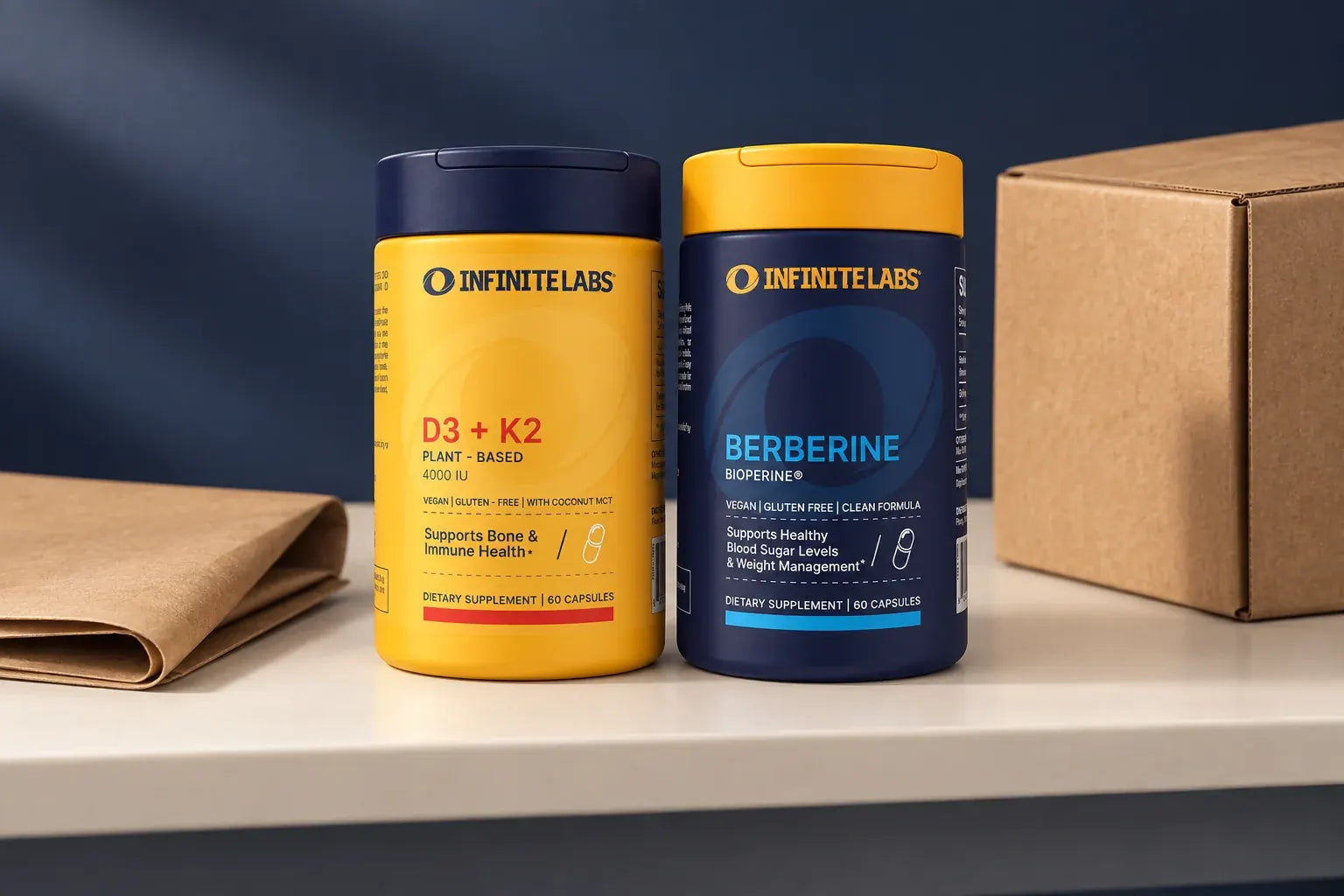 Closed InfiniteLabs D3 + K2 and Berberine bottles beside plain paper and a cardboard box.
