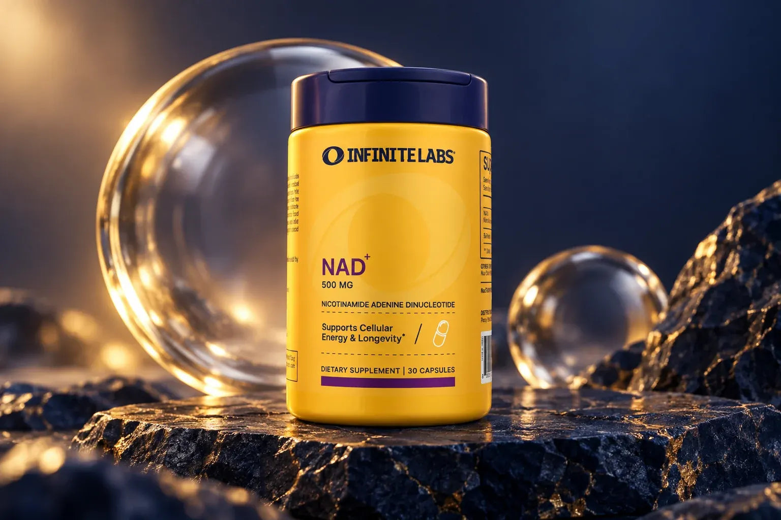 InfiniteLabs NAD+ bottle in a navy scientific still life.